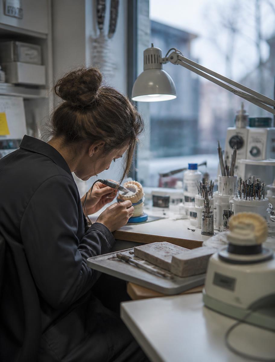 Trabajo artesanal en el banco del laboratorio dental