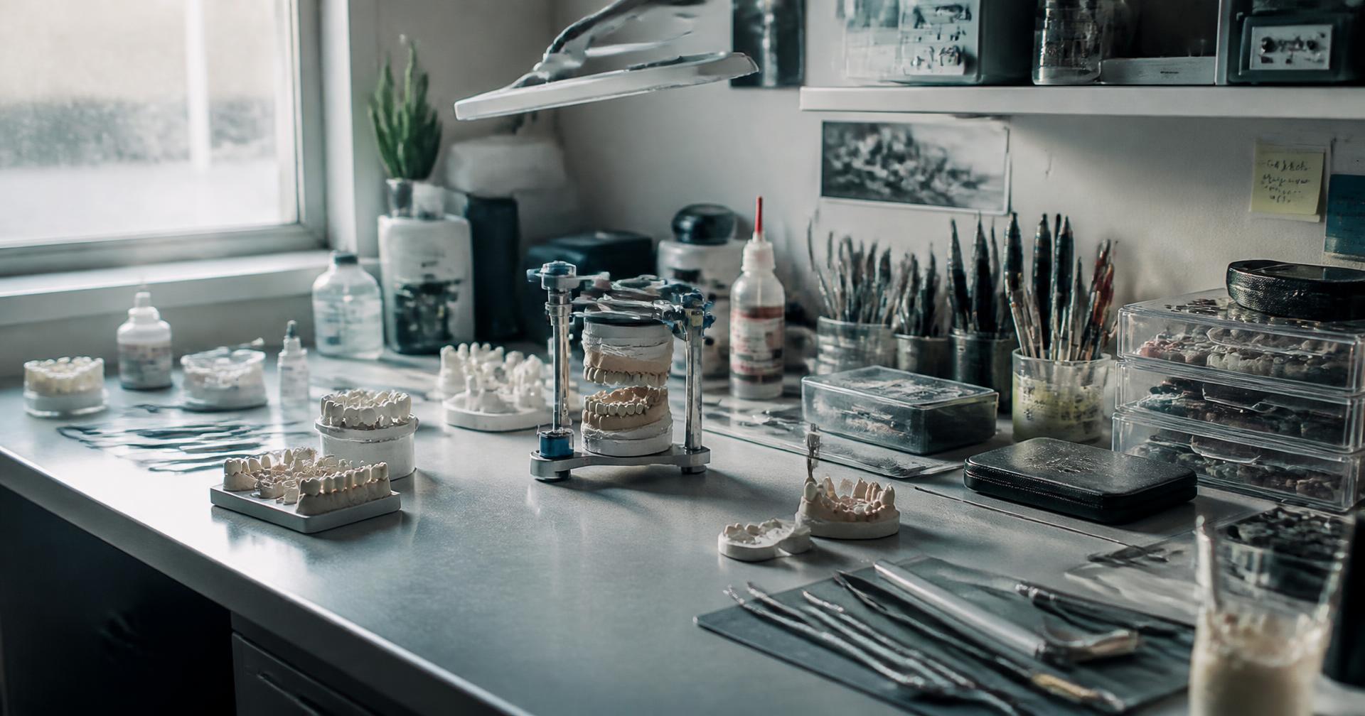 Banco de trabajo del laboratorio dental con instrumentos y prótesis en proceso
