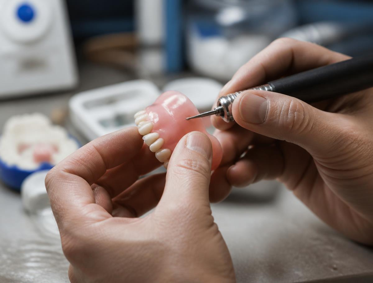 Manos trabajando sobre una prótesis dental en el laboratorio