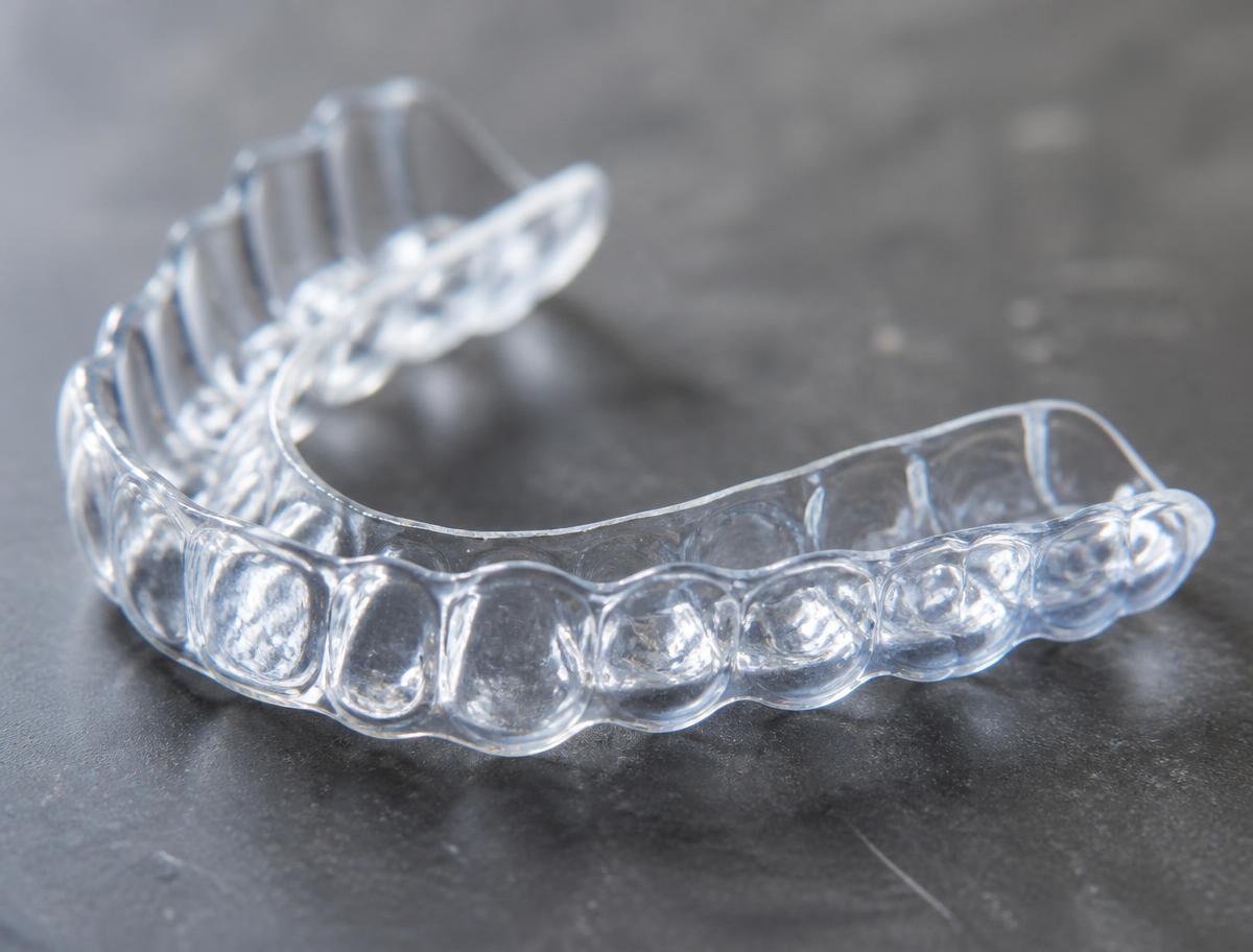 Placa dental transparente para bruxismo sobre superficie clínica
